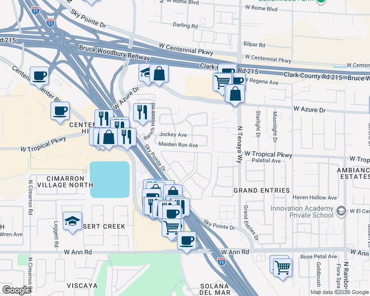 map of restaurants, bars, coffee shops, grocery stores, and more near 7413 Maiden Run Avenue in Las Vegas