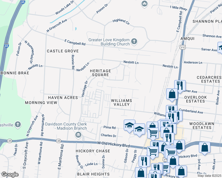 map of restaurants, bars, coffee shops, grocery stores, and more near 2053 Williams Valley Drive in Nashville