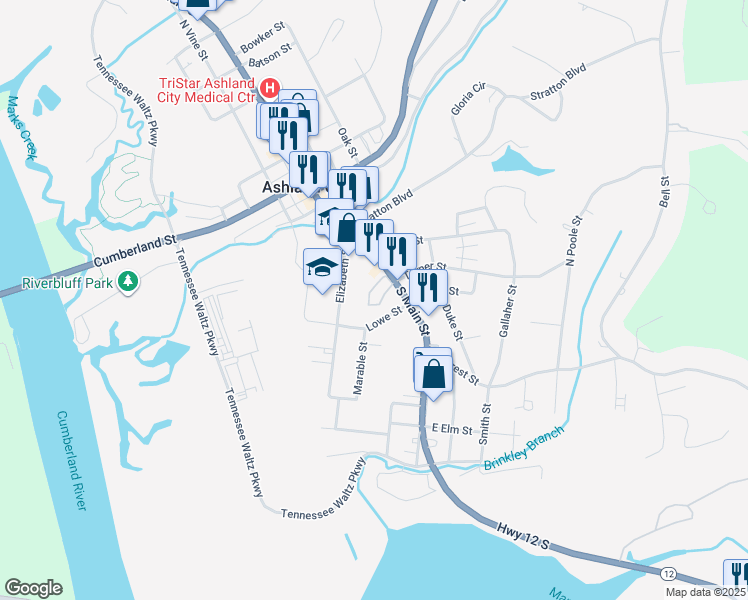 map of restaurants, bars, coffee shops, grocery stores, and more near 474 South Main Street in Ashland City