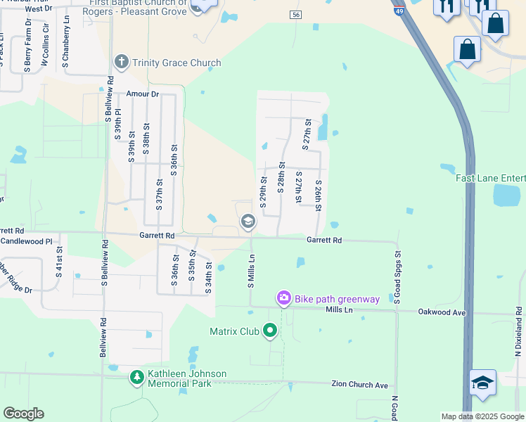 map of restaurants, bars, coffee shops, grocery stores, and more near 6209 South 29th Street in Rogers