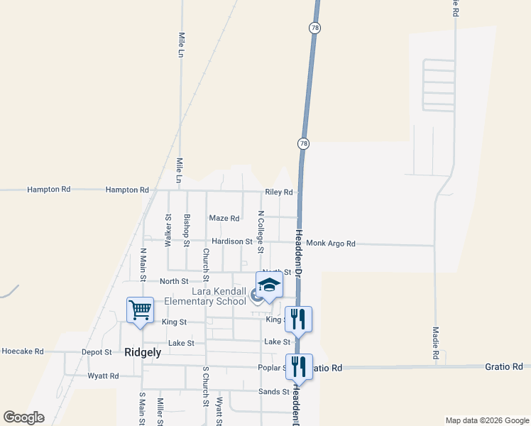 map of restaurants, bars, coffee shops, grocery stores, and more near 151 Tatum Street in Ridgely