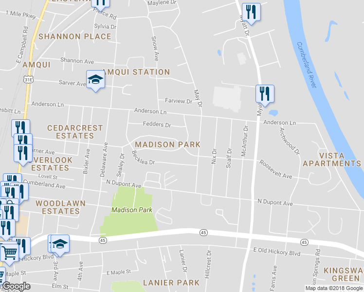 map of restaurants, bars, coffee shops, grocery stores, and more near 599 Singer Drive in Nashville