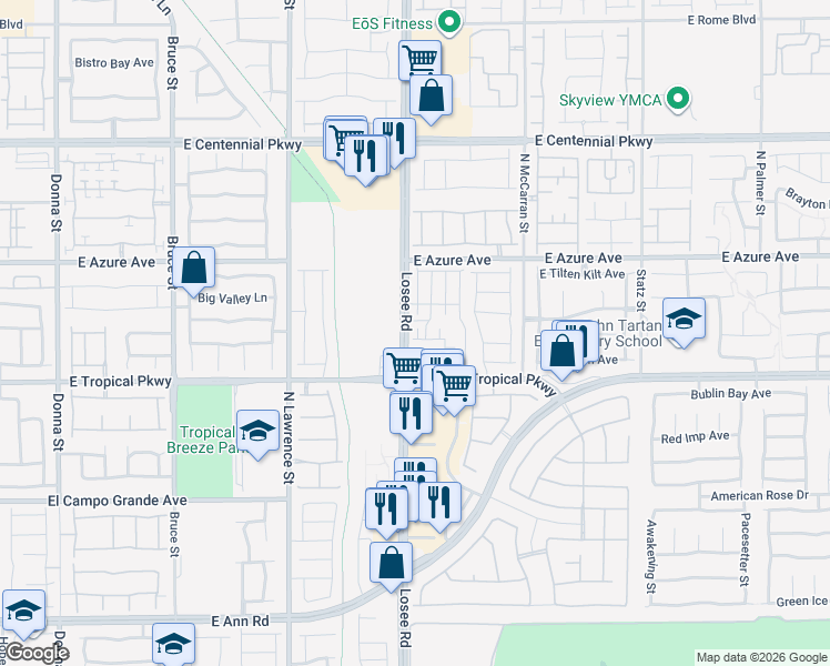 map of restaurants, bars, coffee shops, grocery stores, and more near 5970 Losee Road in North Las Vegas