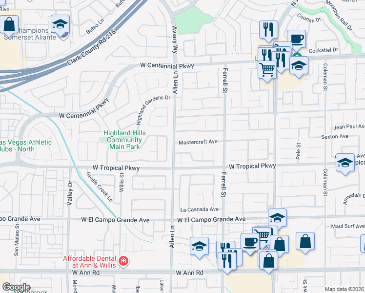 map of restaurants, bars, coffee shops, grocery stores, and more near 3612 Sandy Brown Avenue in North Las Vegas