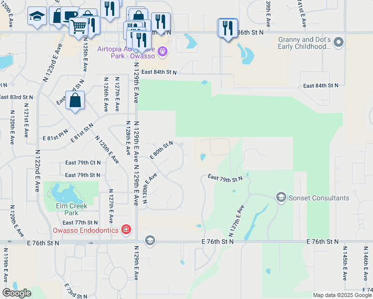 map of restaurants, bars, coffee shops, grocery stores, and more near 7901 North 132nd East Avenue in Owasso
