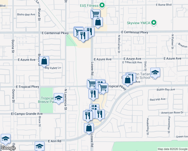 map of restaurants, bars, coffee shops, grocery stores, and more near 5970 Losee Road in North Las Vegas