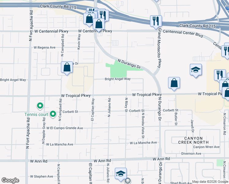 map of restaurants, bars, coffee shops, grocery stores, and more near West Tropical Parkway in Las Vegas