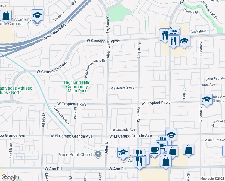 map of restaurants, bars, coffee shops, grocery stores, and more near 3612 Sandy Brown Avenue in North Las Vegas