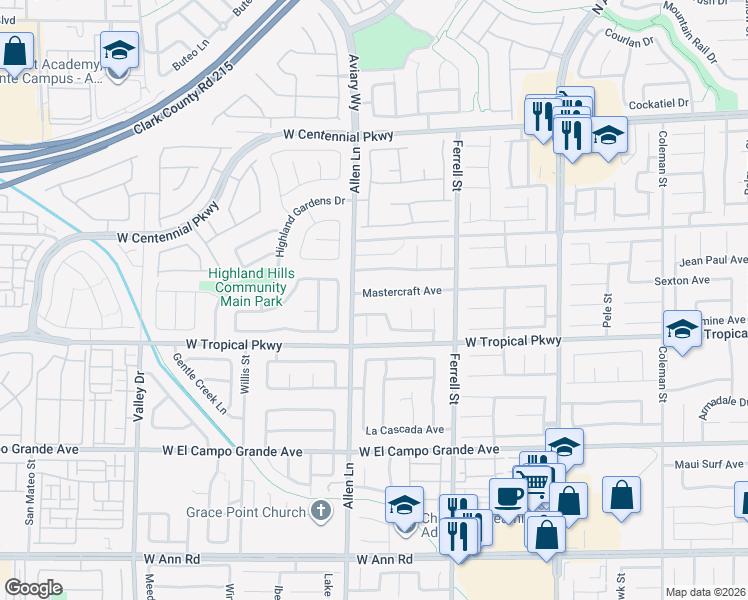 map of restaurants, bars, coffee shops, grocery stores, and more near 3612 Sandy Brown Avenue in North Las Vegas