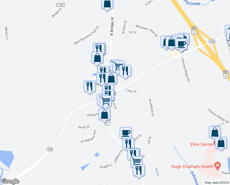 map of restaurants, bars, coffee shops, grocery stores, and more near CC Camp Road in Elkin