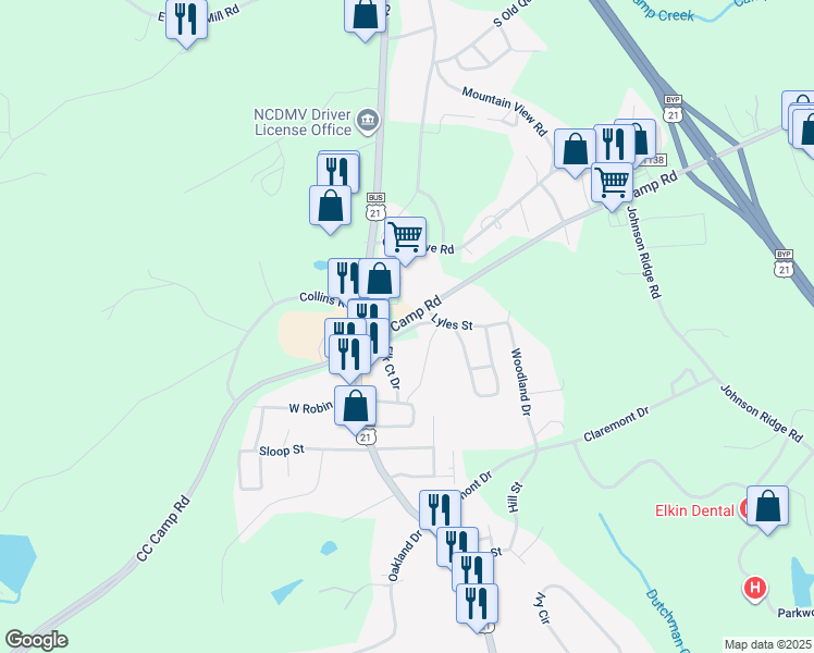 map of restaurants, bars, coffee shops, grocery stores, and more near 150 Lyles Street in Elkin