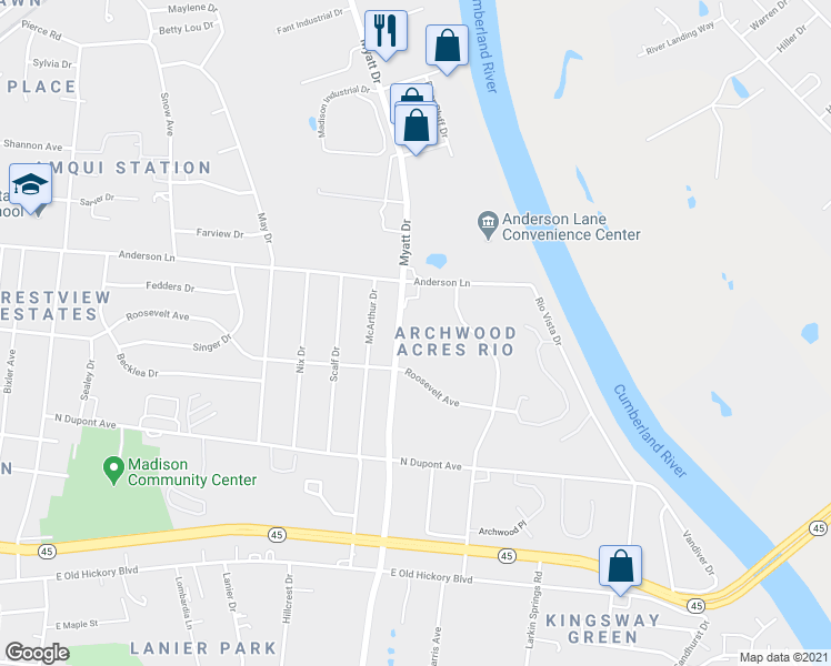 map of restaurants, bars, coffee shops, grocery stores, and more near 305 Myatt Drive in Nashville