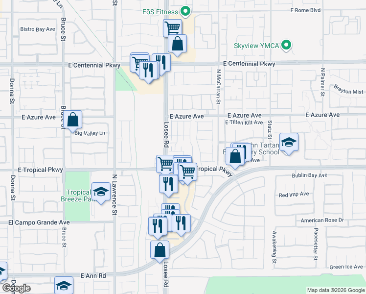 map of restaurants, bars, coffee shops, grocery stores, and more near 6086 Ginger Garden Street in North Las Vegas
