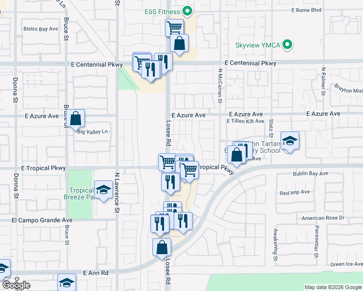 map of restaurants, bars, coffee shops, grocery stores, and more near 6087 Ginger Garden Street in North Las Vegas