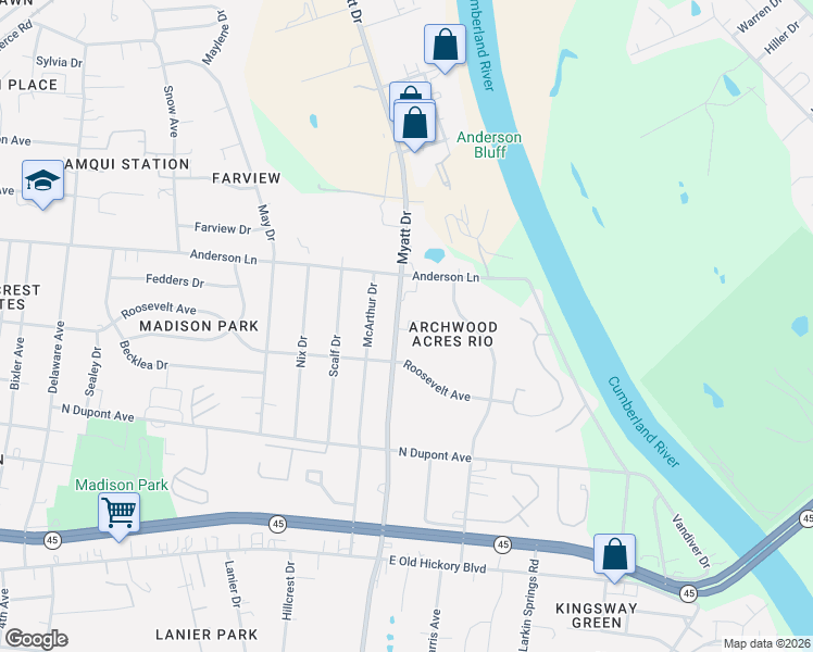 map of restaurants, bars, coffee shops, grocery stores, and more near 305 Myatt Drive in Nashville