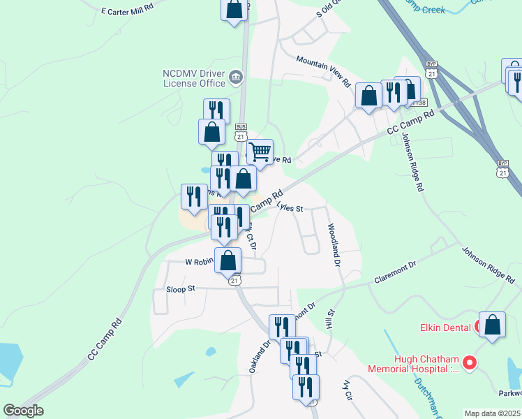map of restaurants, bars, coffee shops, grocery stores, and more near 150 Lyles Street in Elkin