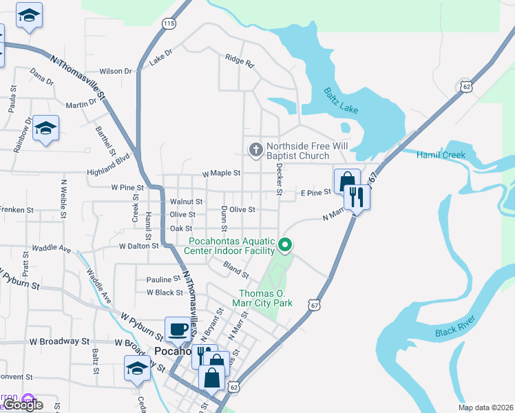 map of restaurants, bars, coffee shops, grocery stores, and more near 1306 Carter Street in Pocahontas