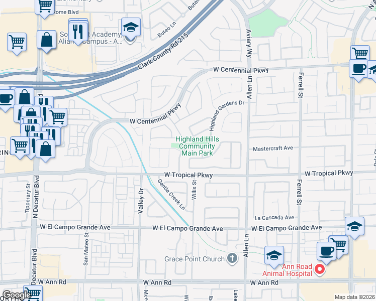 map of restaurants, bars, coffee shops, grocery stores, and more near 6050 Highland Gardens Drive in North Las Vegas
