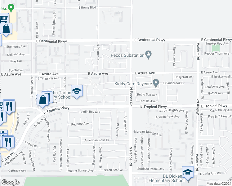 map of restaurants, bars, coffee shops, grocery stores, and more near 3408 East Palatine Hills Avenue in North Las Vegas