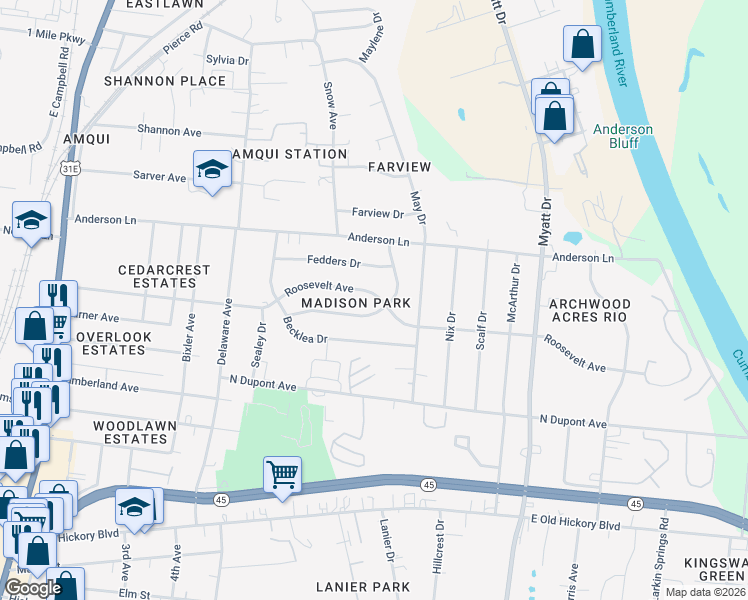 map of restaurants, bars, coffee shops, grocery stores, and more near 558 Roosevelt Avenue in Nashville