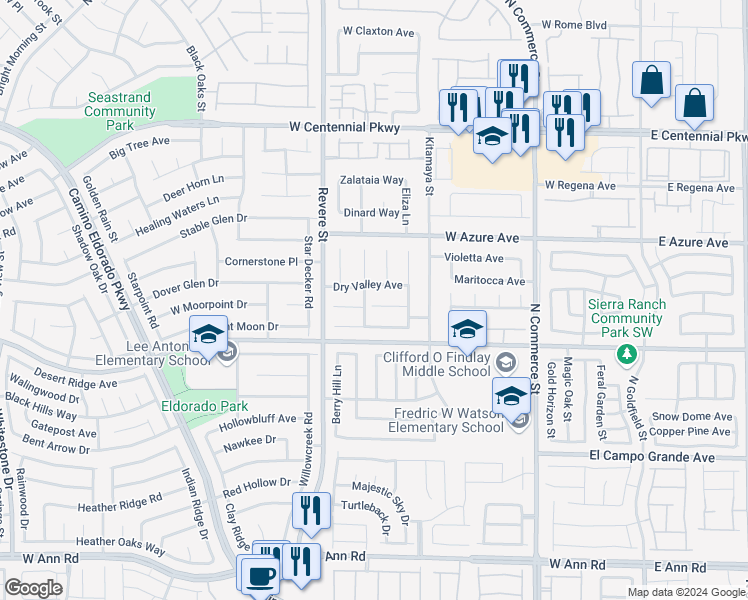 map of restaurants, bars, coffee shops, grocery stores, and more near 634 Blossom Berry Court in North Las Vegas