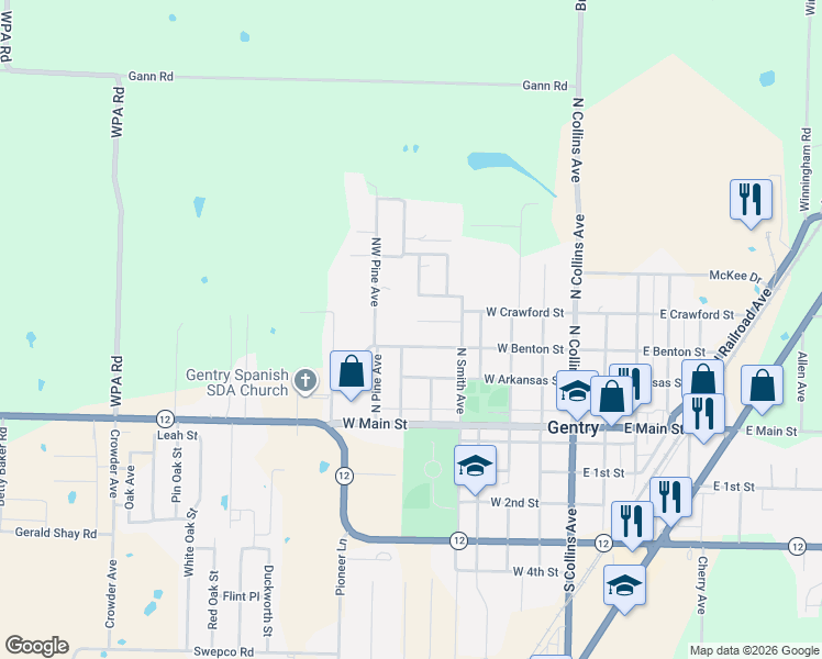 map of restaurants, bars, coffee shops, grocery stores, and more near 609 West Benton Street in Gentry