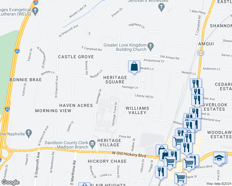 map of restaurants, bars, coffee shops, grocery stores, and more near 198 Heritage Trace Drive in Nashville