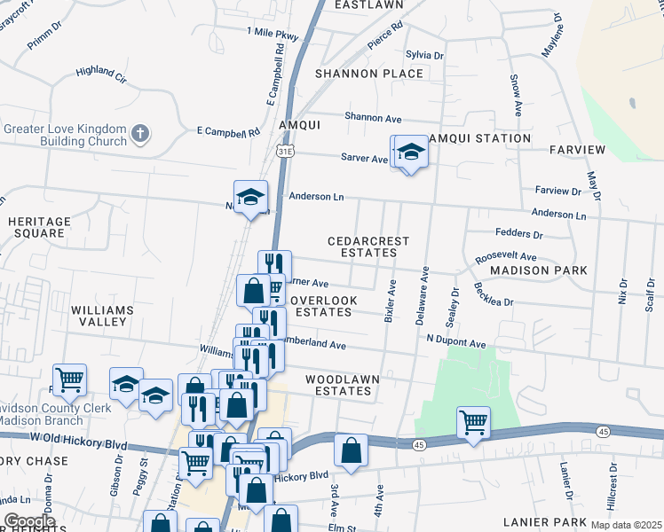 map of restaurants, bars, coffee shops, grocery stores, and more near 233 Garner Avenue in Nashville