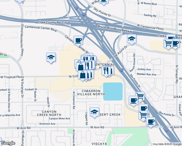 map of restaurants, bars, coffee shops, grocery stores, and more near 7881 West Tropical Parkway in Las Vegas