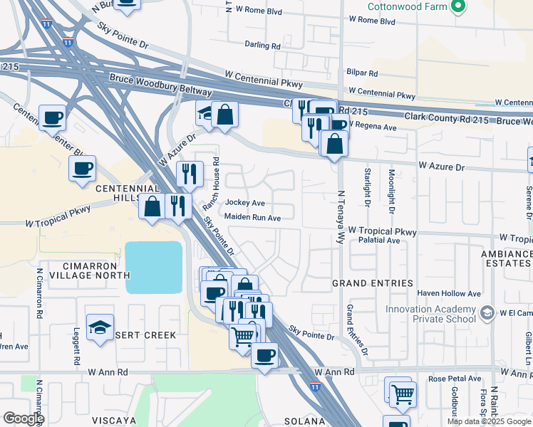 map of restaurants, bars, coffee shops, grocery stores, and more near 7404 Maiden Run Avenue in Las Vegas