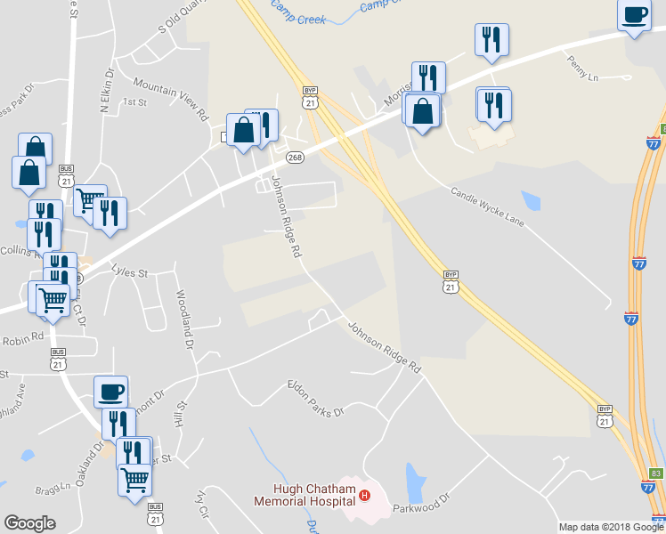 map of restaurants, bars, coffee shops, grocery stores, and more near 940 Johnson Ridge Road in Elkin