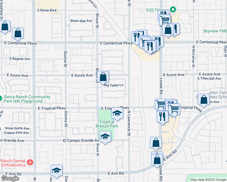 map of restaurants, bars, coffee shops, grocery stores, and more near 1612 Big Valley Lane in North Las Vegas