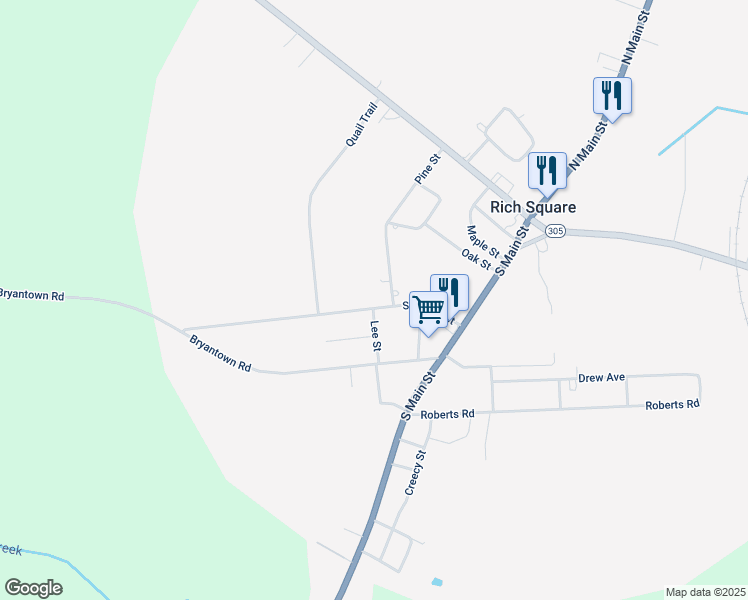 map of restaurants, bars, coffee shops, grocery stores, and more near 401 Pine Street in Rich Square