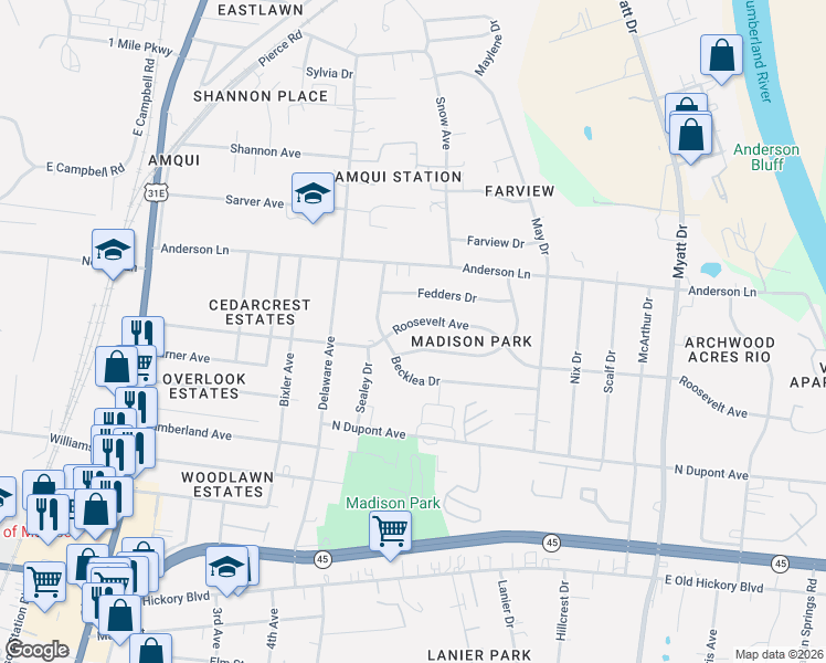 map of restaurants, bars, coffee shops, grocery stores, and more near 517 Roosevelt Avenue in Nashville