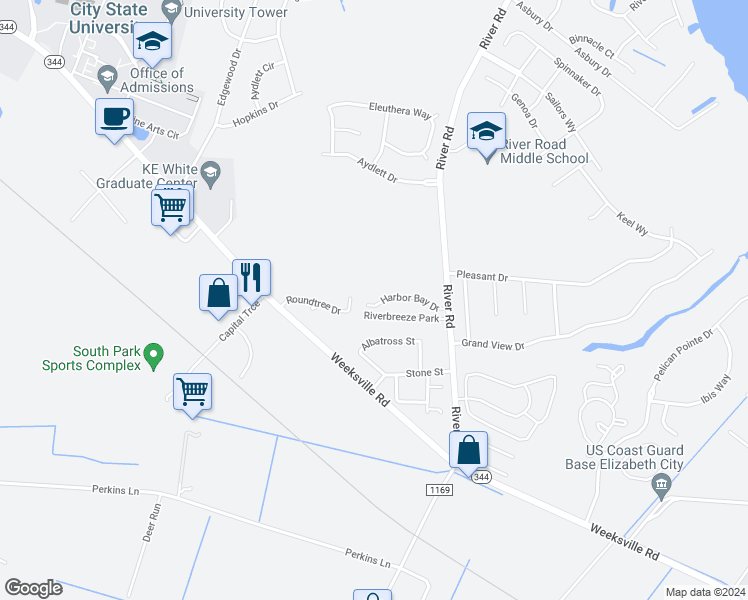 map of restaurants, bars, coffee shops, grocery stores, and more near 408 Harbor Bay Drive in Elizabeth City