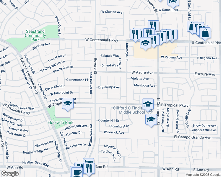 map of restaurants, bars, coffee shops, grocery stores, and more near 635 Dry Valley Avenue in North Las Vegas