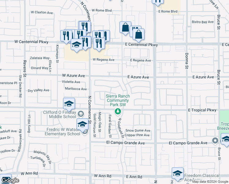 map of restaurants, bars, coffee shops, grocery stores, and more near 58 Lions Den Avenue in North Las Vegas
