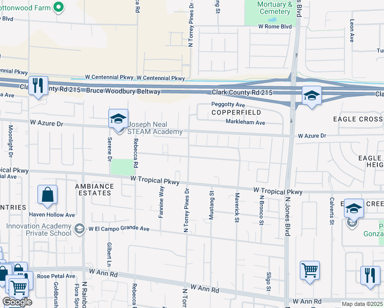 map of restaurants, bars, coffee shops, grocery stores, and more near 6360 Bullring Lane in Las Vegas
