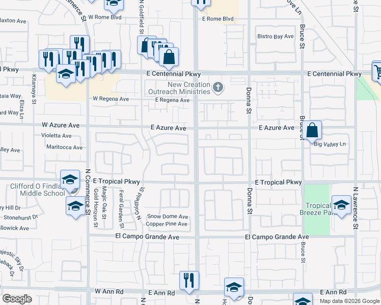 map of restaurants, bars, coffee shops, grocery stores, and more near 6108 North Ozark Hike Street in North Las Vegas