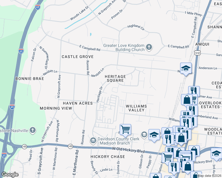 map of restaurants, bars, coffee shops, grocery stores, and more near 714 Heritage Square Drive in Nashville
