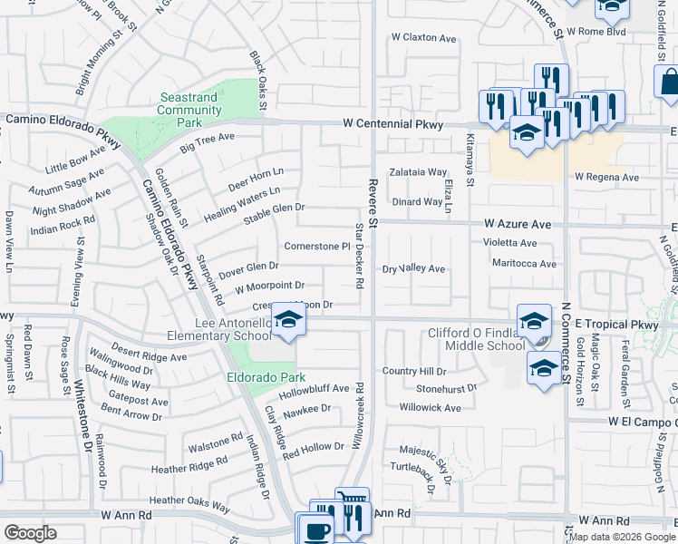 map of restaurants, bars, coffee shops, grocery stores, and more near 916 Dover Glen Drive in North Las Vegas