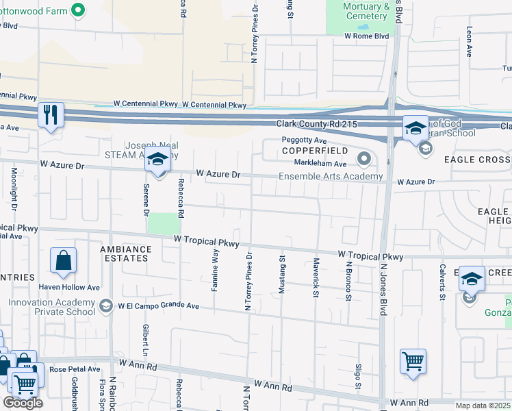 map of restaurants, bars, coffee shops, grocery stores, and more near 6360 Bullring Lane in Las Vegas