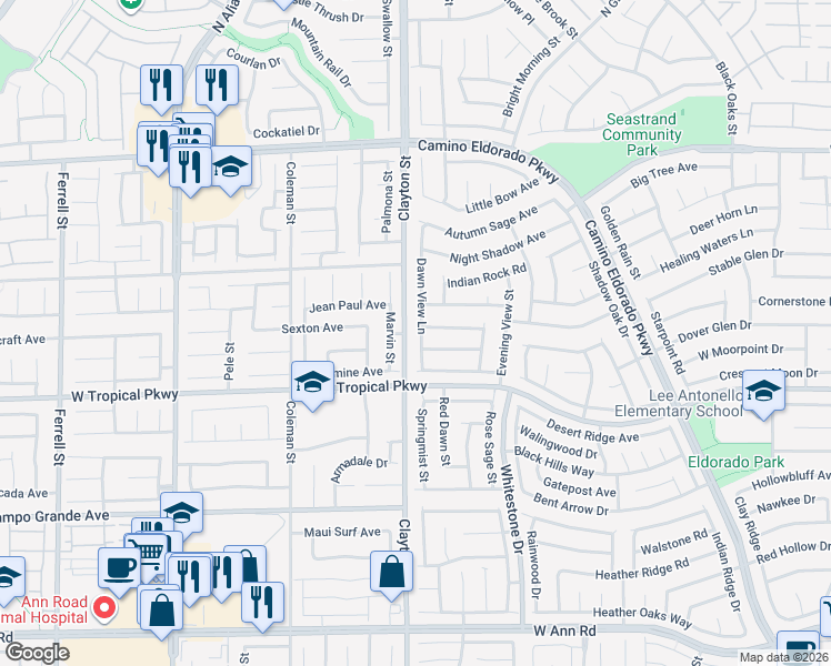 map of restaurants, bars, coffee shops, grocery stores, and more near 6051 Dawn View Lane in North Las Vegas