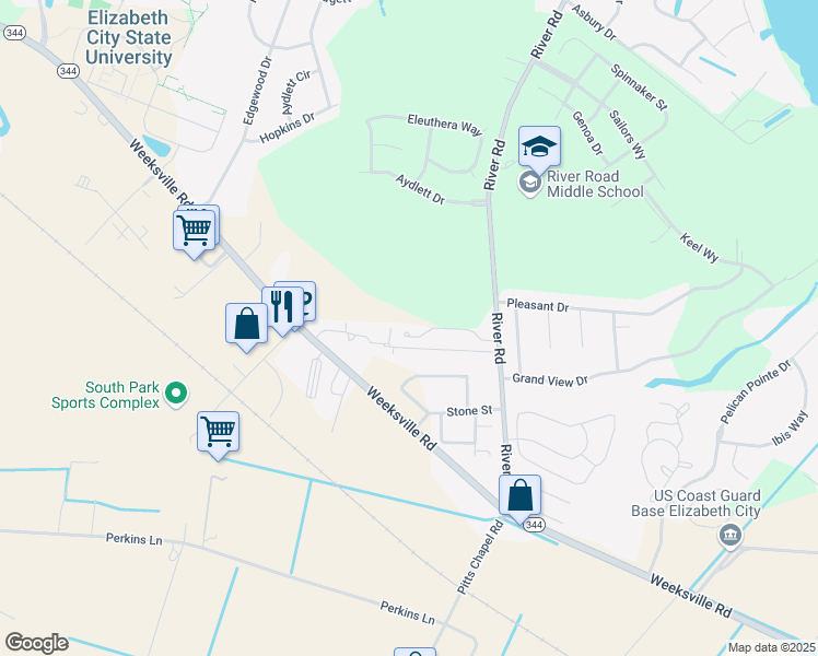 map of restaurants, bars, coffee shops, grocery stores, and more near 416 Harbor Bay Drive in Elizabeth City