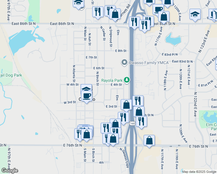 map of restaurants, bars, coffee shops, grocery stores, and more near 402 North Dogwood Street in Owasso