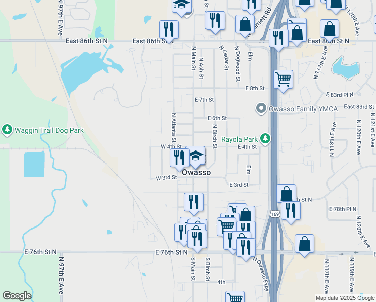 map of restaurants, bars, coffee shops, grocery stores, and more near 107 West 4th Street in Owasso