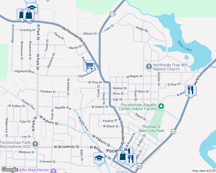 map of restaurants, bars, coffee shops, grocery stores, and more near 1515 Arkansas 90 in Pocahontas