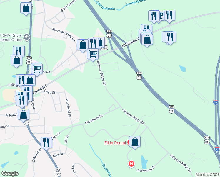 map of restaurants, bars, coffee shops, grocery stores, and more near 942 Johnson Ridge Road in Elkin
