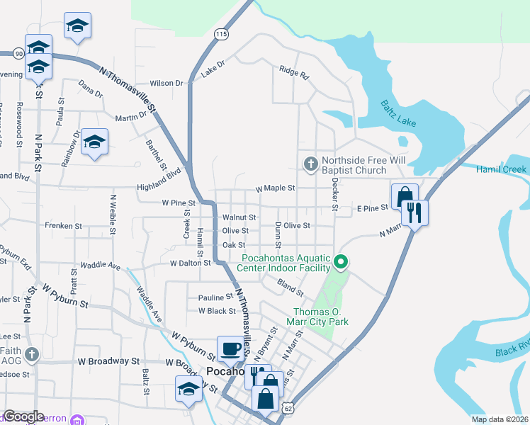 map of restaurants, bars, coffee shops, grocery stores, and more near 502 West Pine Street in Pocahontas