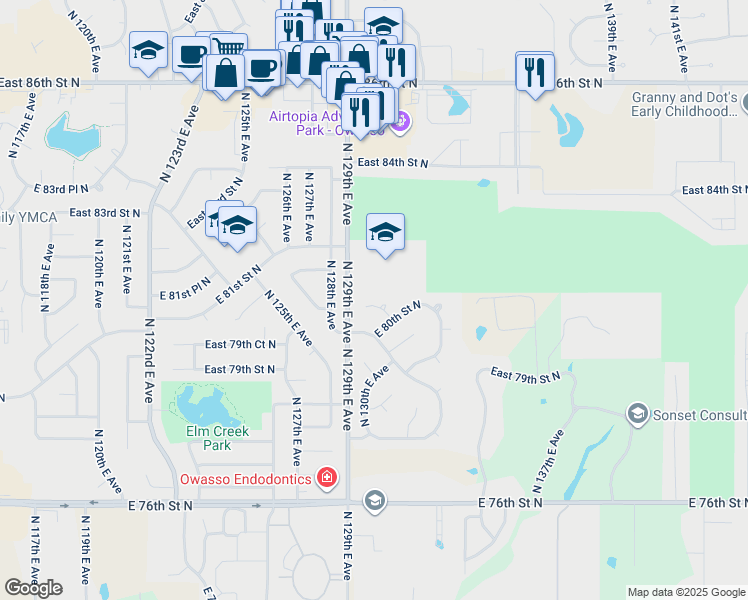 map of restaurants, bars, coffee shops, grocery stores, and more near 12919 East 80th Court North in Owasso